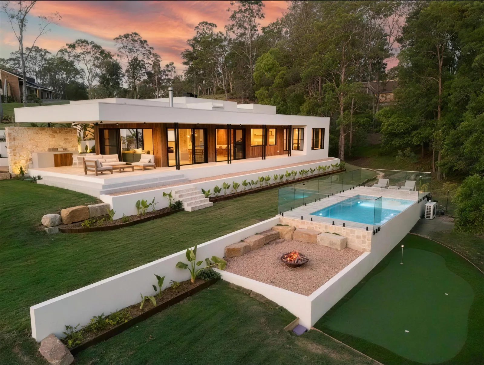 Rendered acreage home with a pool at dusk