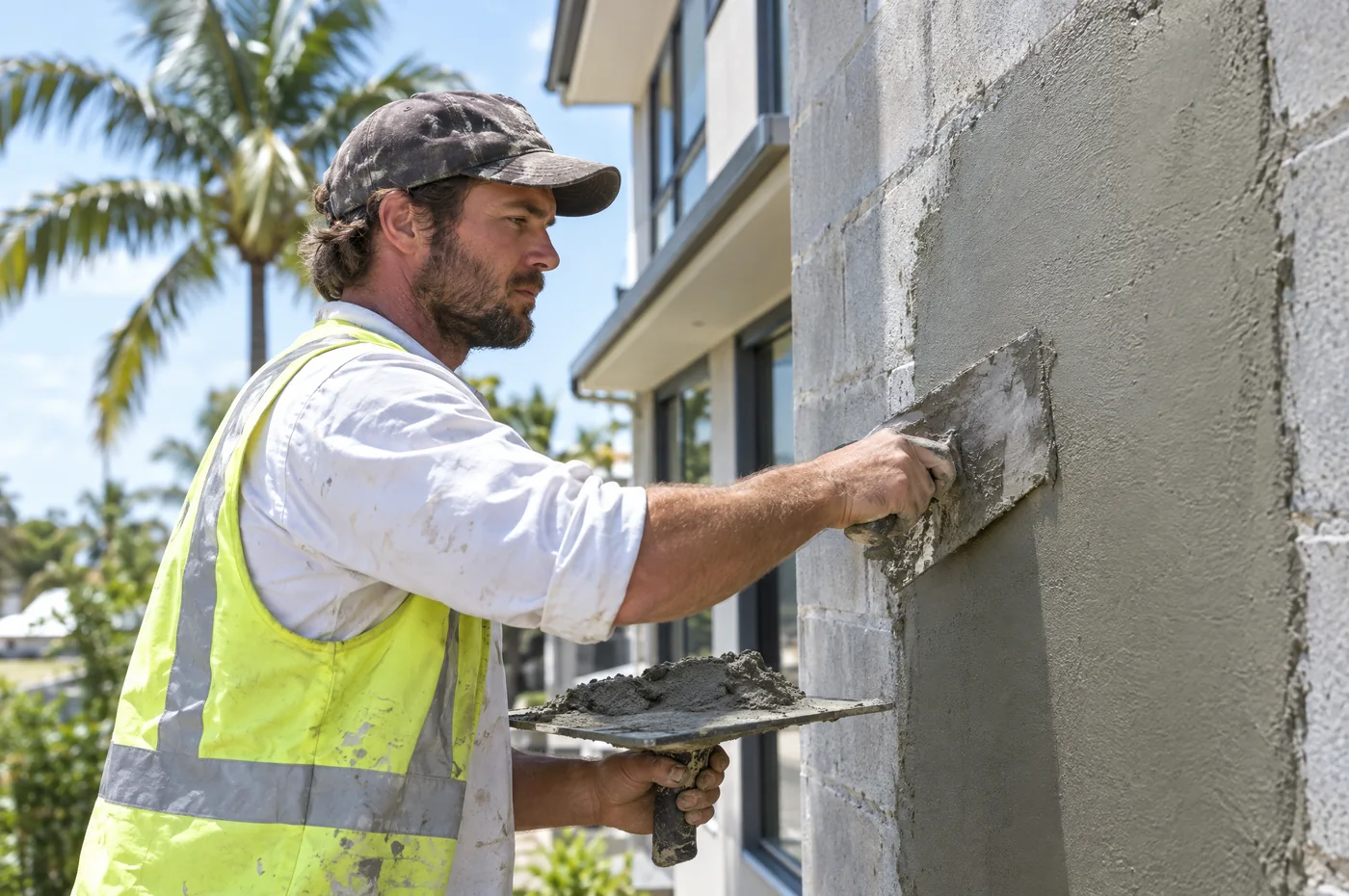 Renderer applying fresh cement render to an exterior wall with a trowel